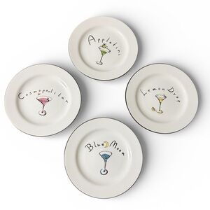 Pottery Barn 4 Porcelain Martini Cocktail 7”Plates Appletini Cosmo Lemon Drop